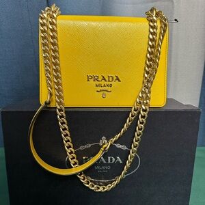 Prada Saffiano Yellow Leather Chain Shoulder Bag